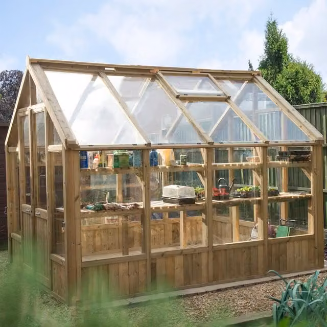 Vale Forest Green Wooden Greenhouse with Tempered Glass Windows and Shelving