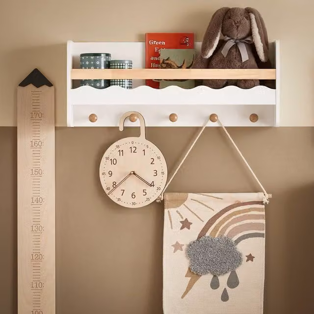 SoBuy Scandinavian Wall Mounted Shelf with 5 Hooks in White and Natural Wood – 1