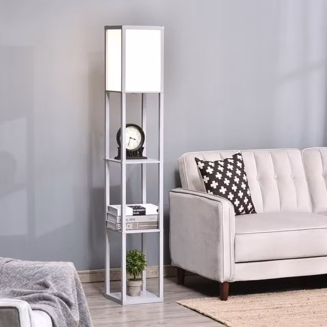 HOMCOM Modern 3-Tier Floor Lamp with Storage Shelves in Grey – 1