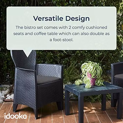 idooka 3 Piece Rattan Wicker Effect Bistro Set in Anthracite Grey, including Coffee Table and 2 Chairs for Garden, Balcony or Terrace – 3