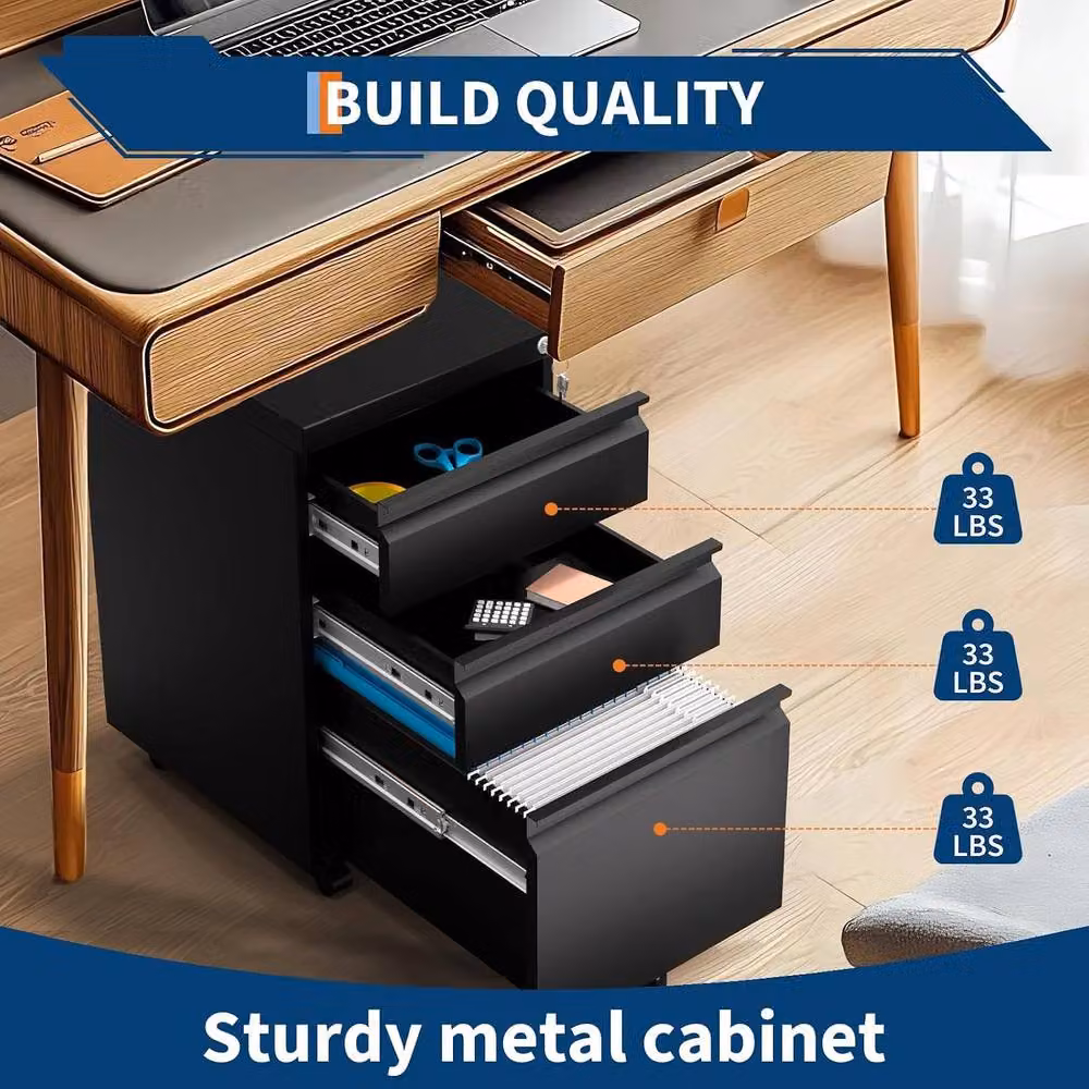 London Boutique Mobile Office Filing Cabinet with 3 Lockable Drawers in Black – 4