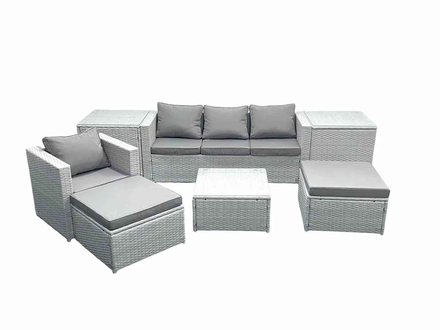 Fimous Garden 6 Seater Rattan Outdoor Furniture Set in Light Grey with 2 Armchairs, 2 Big Footstools and 2 Side Tables – 2