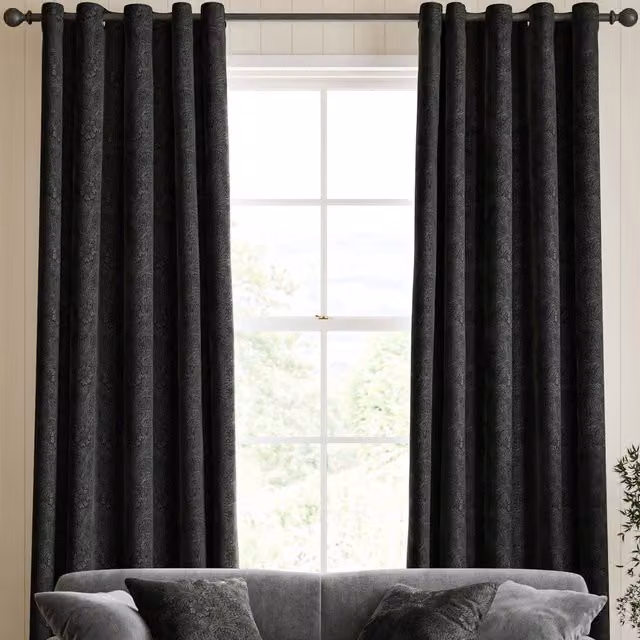William Morris At Home Art Nouveau Floral Velvet Eyelet Curtain in Anthracite Black