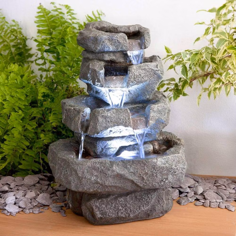 Primrose Rock Water Feature Tabletop Cascade Indoor Fountain with LED Lights in Grey and Beige Stone Finish, Height: 36 cm – 2
