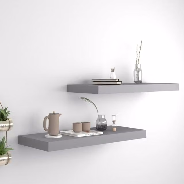 Berkfield Home Set of 2 Grey Floating Wall Shelves, W: 60 cm, D: 23.5 cm, H: 3.8 cm