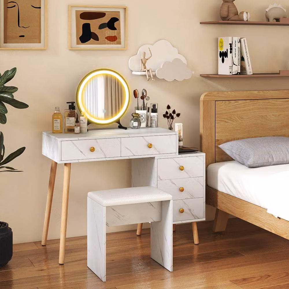 Costway Modern White Makeup Vanity Set with Stool, Hollywood LED Mirror and Marble Top – 4