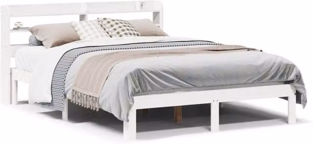 Berkfield Home White Solid Wood Double Bed Frame with Headboard and Bedside Shelf W: 135 cm, H: 82 cm, D: 190 cm