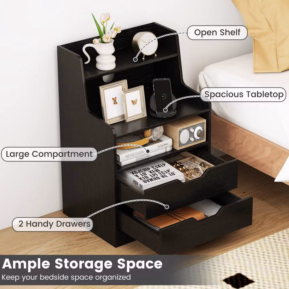 Costway Modern 2-Drawer LED Nightstand with Charging Station in Black – 6