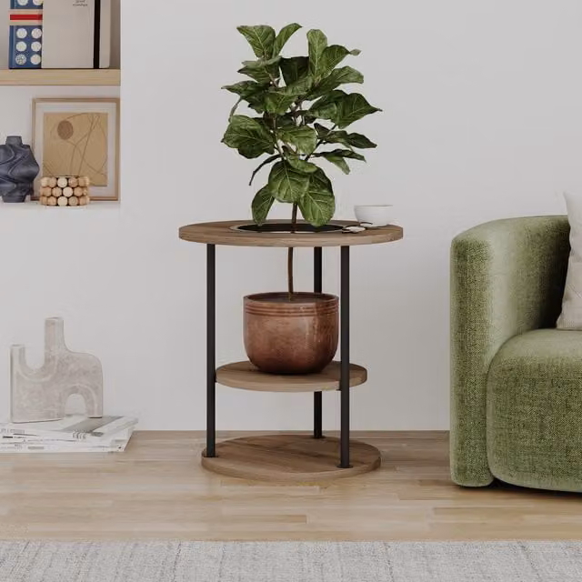 Decortie Grova Round Three Tier Side Table in Dark Oak Effect Brown and Black