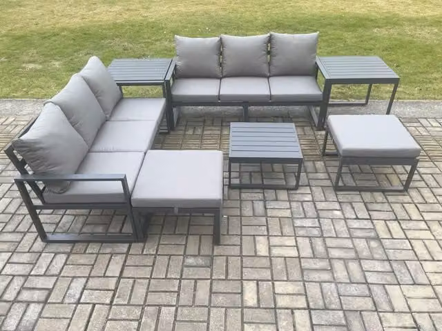 Fimous 8 Seater Outdoor Garden Furniture Lounge Sofa Set with Square Coffee Table, 2 Side Tables and 2 Large Footstools in Dark Grey Powder Coated Aluminium