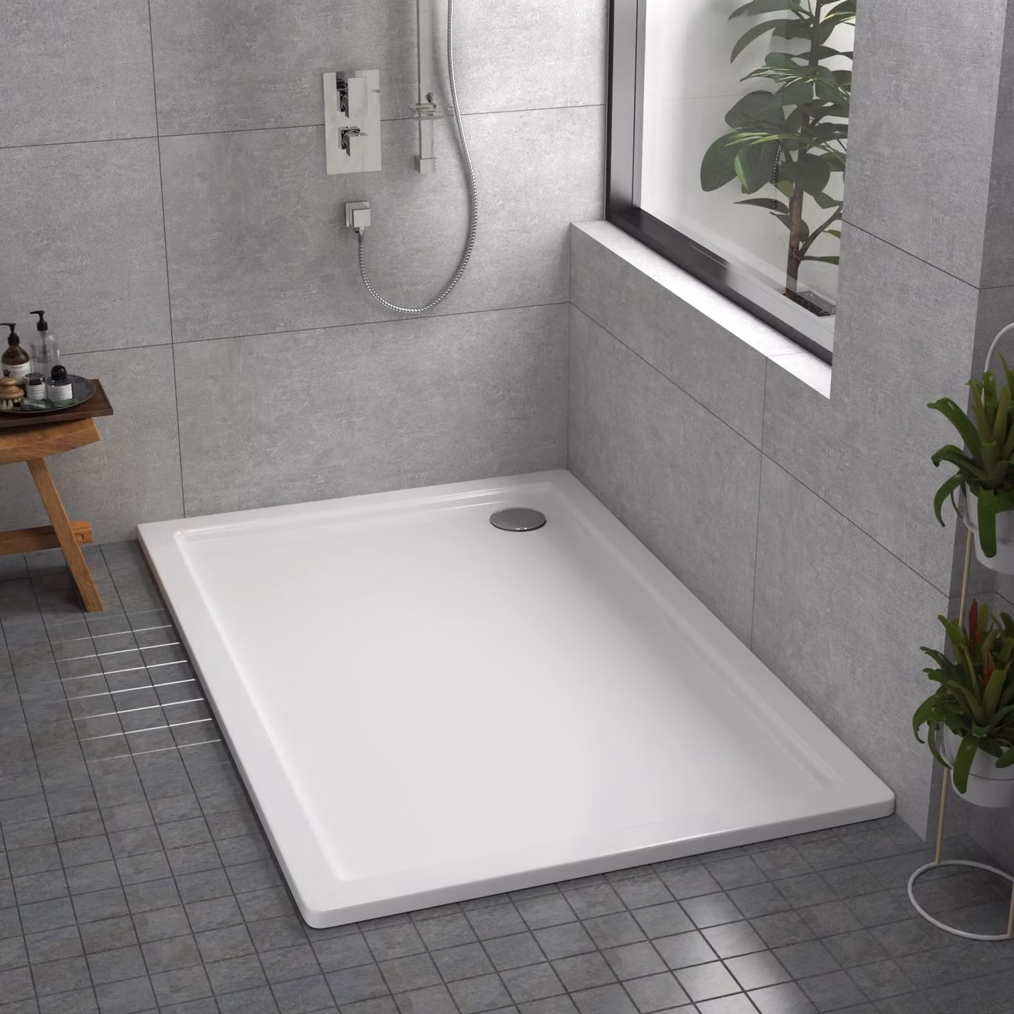 Apex Rectangular Mineral Cast Stone Shower Tray, White, W: 100 cm, D: 90 cm, H: 3 cm