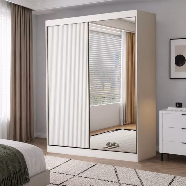 KDMD Berlin 200cm White Matt Sliding Door Wardrobe with Internal Shelves and Hanging Rail
