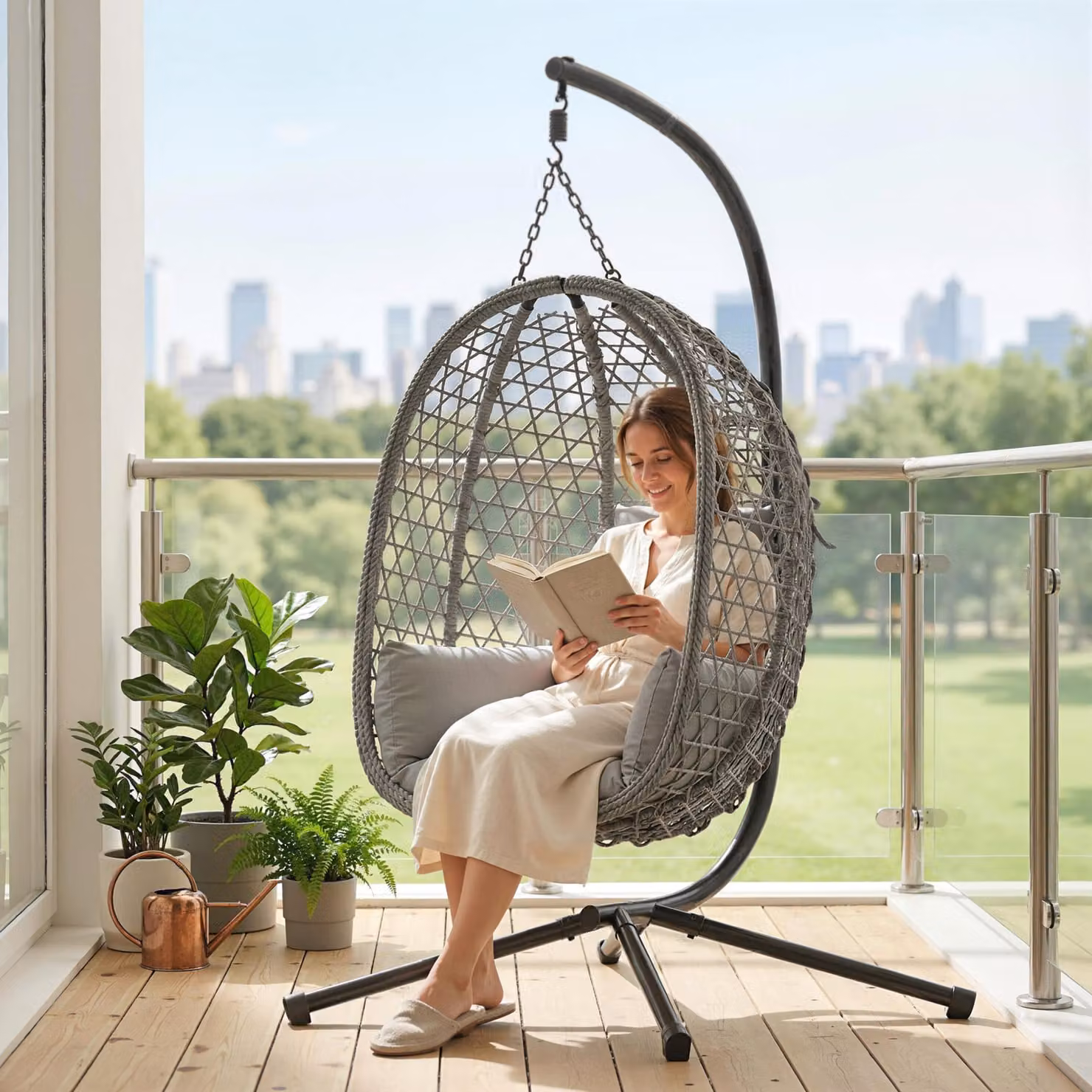 Outsunny Dark Grey Rattan Hanging Egg Chair with Stand and Cushions – 7