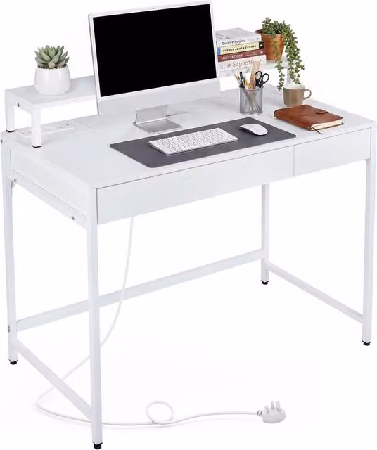 Gymax Modern White Computer Desk with Grommet and MDF Laminate Finish