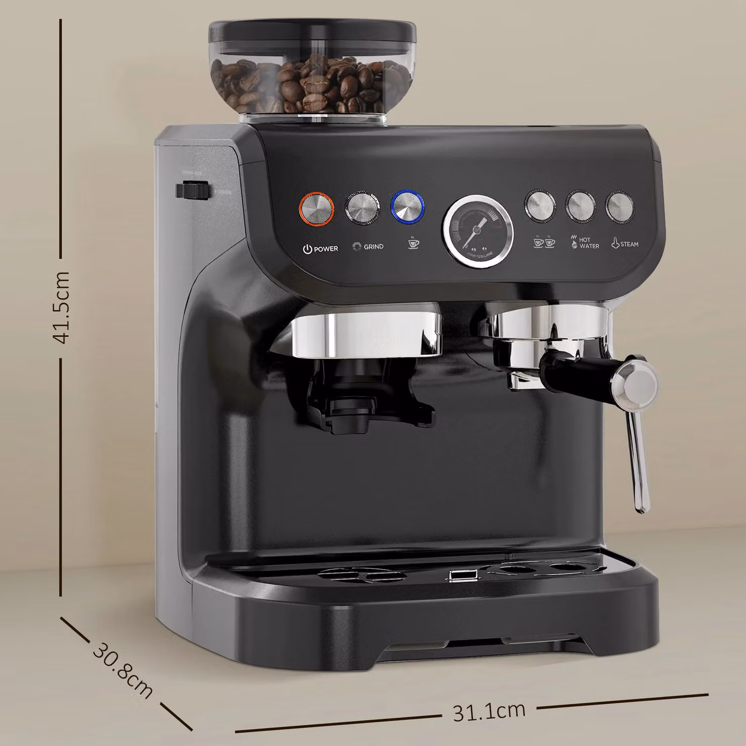 HOMCOM Espresso Machine with Bean Grinder and Steam Wand, 15 Bar Pressure, Silver and Black – 3