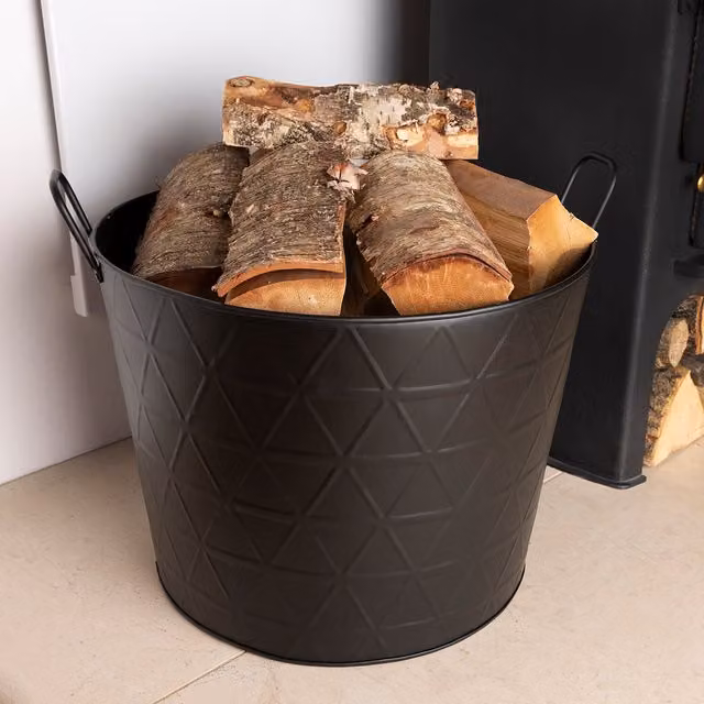 Charles Bentley Yew Fireside Log Bucket in Matte Black, Diameter: 31 cm