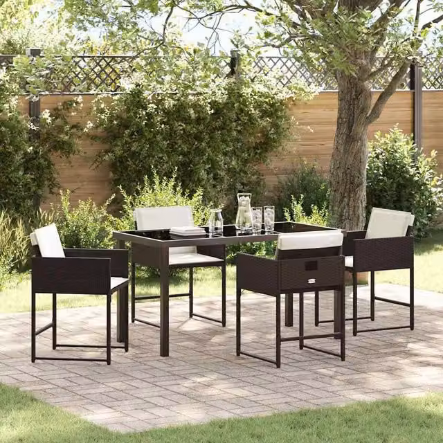 Berkfield Home Garden 5 Piece Modern Poly Rattan Dining Set in Brown with Glass Top – 1