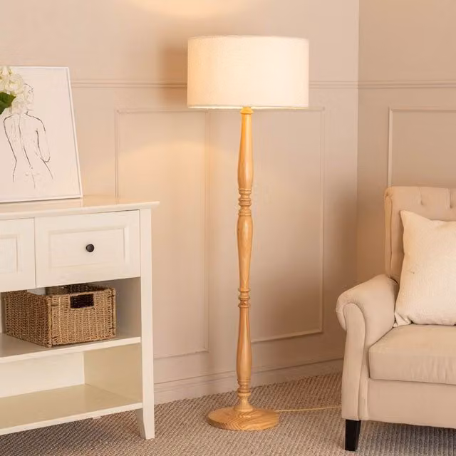 ValueLights Victoria Wood Floor Lamp with Beige Boucle Drum Shade – 1