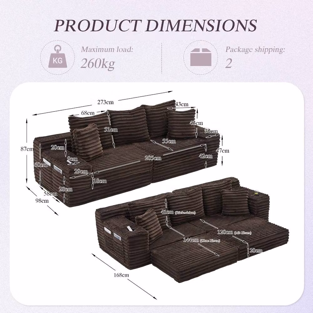 Rolipo Brown Corduroy Convertible Sleeper Sofa with Cup Holders and Storage Pockets, W/D/H: 140 x 190 cm – 2