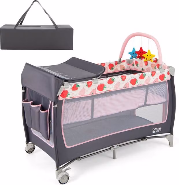 COSTWAY Portable Baby Bed Playard in Pink