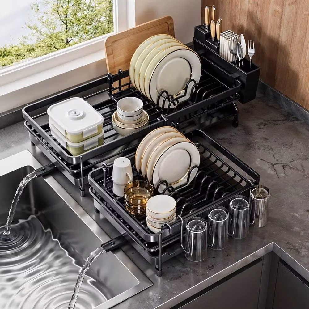 KORVIXA Expandable and Foldable Dish Drainer in Black, W: 30 cm, D: 44-69 cm, H: 15.5 cm – 3