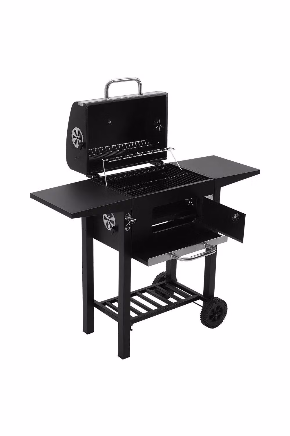 Garden Sanctuary Portable Outdoor Charcoal Grill with Thermometer and Side Tables in Black Steel – 2