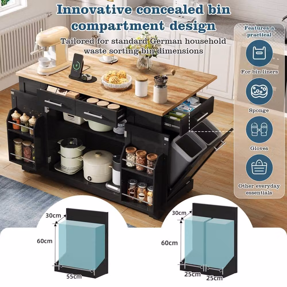 Merax Mobile Kitchen Island Trolley with Pull-Out Bin Cabinet and Drop-Leaf Top in Black – 2