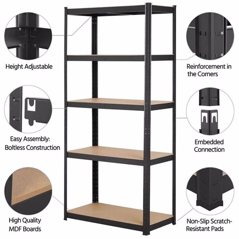KORVIXA 5 Tier Heavy Duty Metal and MDF Storage Shelving Unit in Black – 5