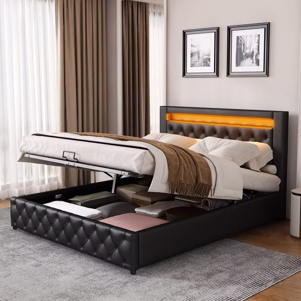 Merax Black PU Upholstered Double Ottoman Storage Bed Frame with LED Under-Bed Lighting, W: 135 cm x L: 190 cm – 3