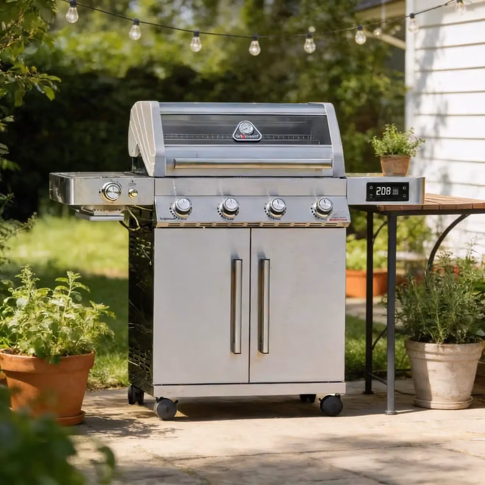 Grillstream Gourmet 4 Burner Gas BBQ in Silver with Side Burner, Warming Rack and Cast Iron Details