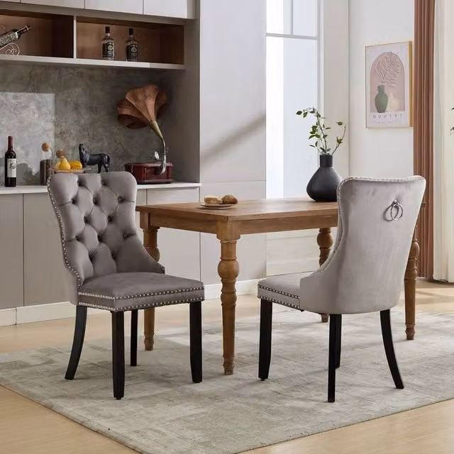 SPETLEK Set of 2 Grey Velvet High Back Dining Chairs with Wooden Legs – 1