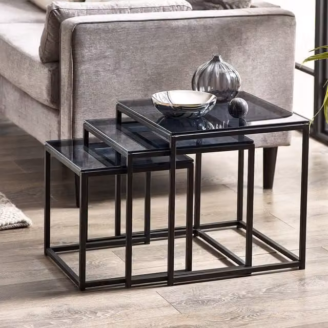 Julian Bowen Chicago Nest of 3 Tables with Smoked Glass Tops in Black