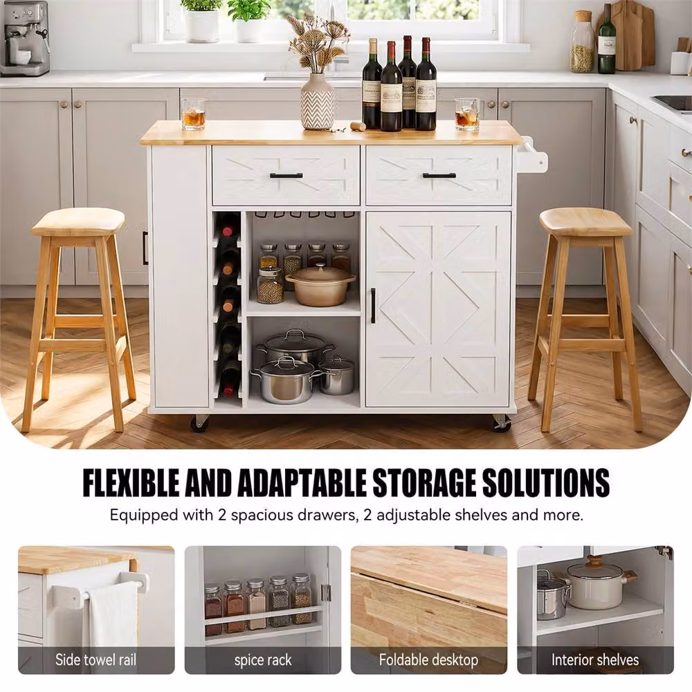 NESTLUNE C Kitchen Island Rolling Storage Trolley in White with Rubberwood and Glass – 2