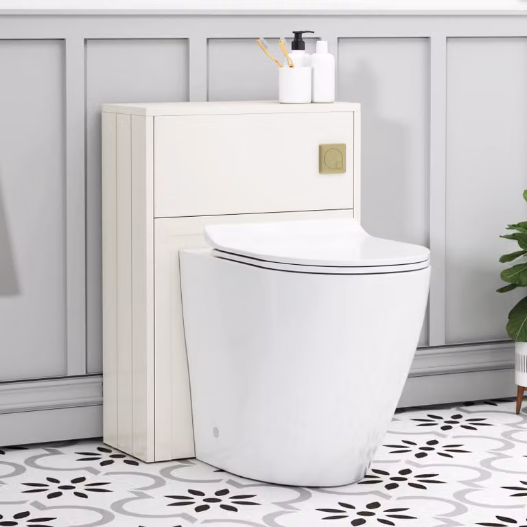 Royal Bathrooms Elmore Classic White Wall Mounted BTW WC Unit with Elva Rimless Short Projection Ceramic Toilet Pan, Slim Soft Close Seat and Cistern, Width: 55 cm