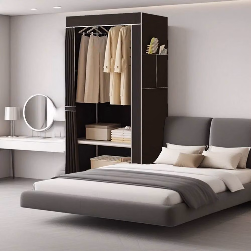 FLAVORA Large Fabric Canvas Wardrobe with Hanging Rail and Internal Shelving in Black – 4