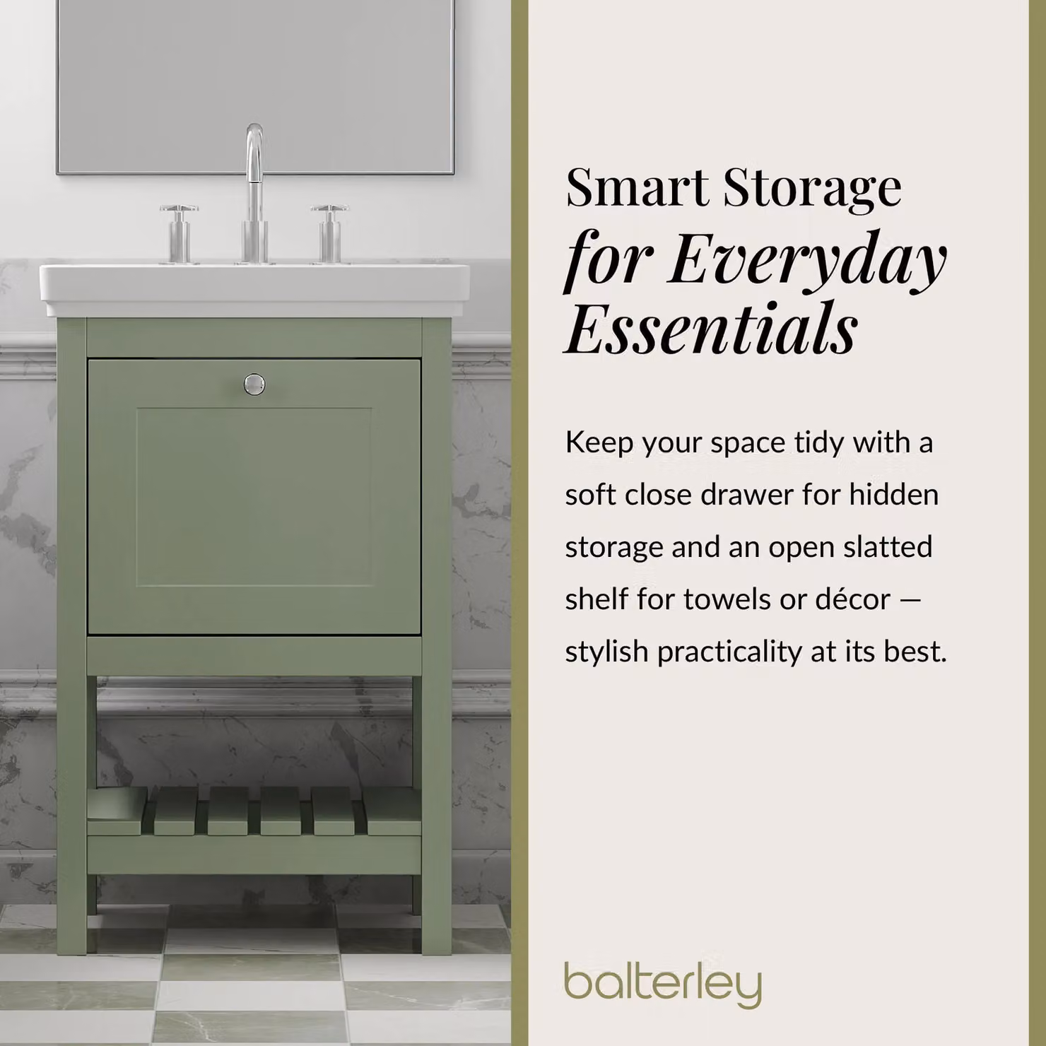 Balterley Bathroom 1 Soft Close Drawer Floor Vanity Unit with Basin, Green, W: 53.1 cm – 3