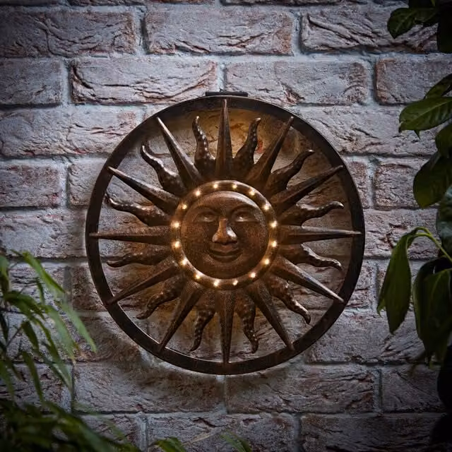 ValueLights Solar Powered Outdoor Sun Wall Light Garden Fence Ornament in Bronze Metal