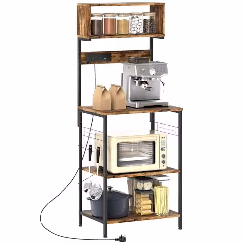 HOMCOM Kitchen Storage Rack with Power Outlet, Rustic Brown and Black, W: 60 cm, D: 42 cm, H: 153 cm – 1