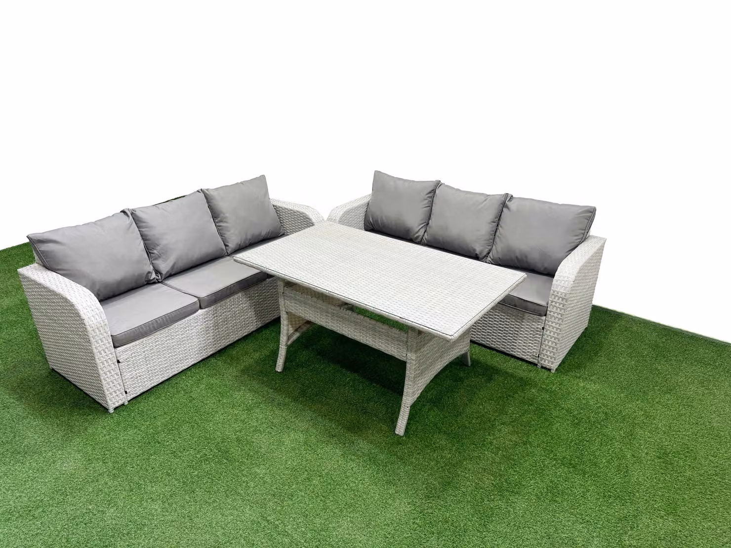 Fimous 6 Seater Rattan Garden Furniture Set with High Back Lounge Sofas and Rectangular Glass Dining Table, Light Grey
