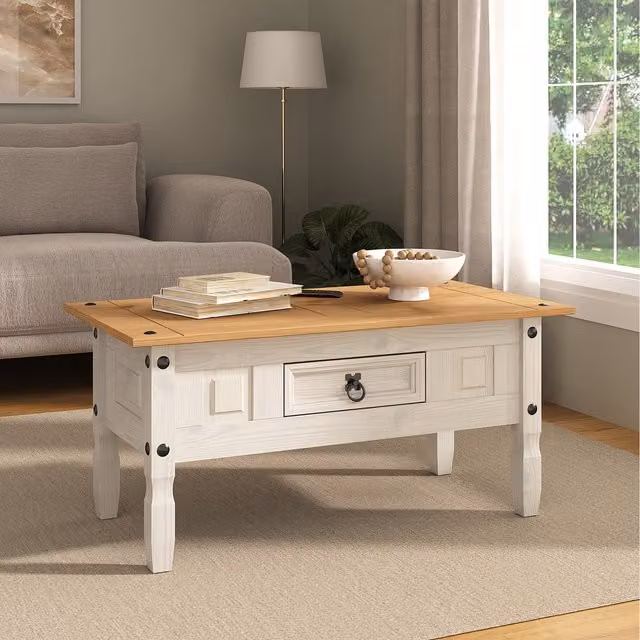 Mews White Rustic Pine Coffee Table with 1 Drawer