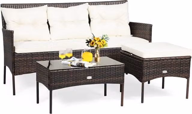 Costway 3 Piece Modern White Rattan Garden Patio Conversation Set
