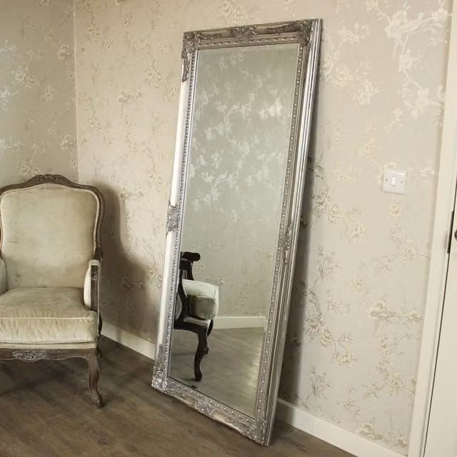 Melody Maison Large Ornate Silver Wall and Floor Mirror, H 176 cm x W 76 cm – 1
