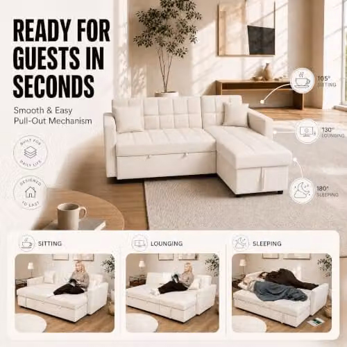 Bravich Milo 3 Seater Velvet Corner Sofa Bed with Storage in Cream, L-Shaped Reversible Pull Out Guest Bed – 5