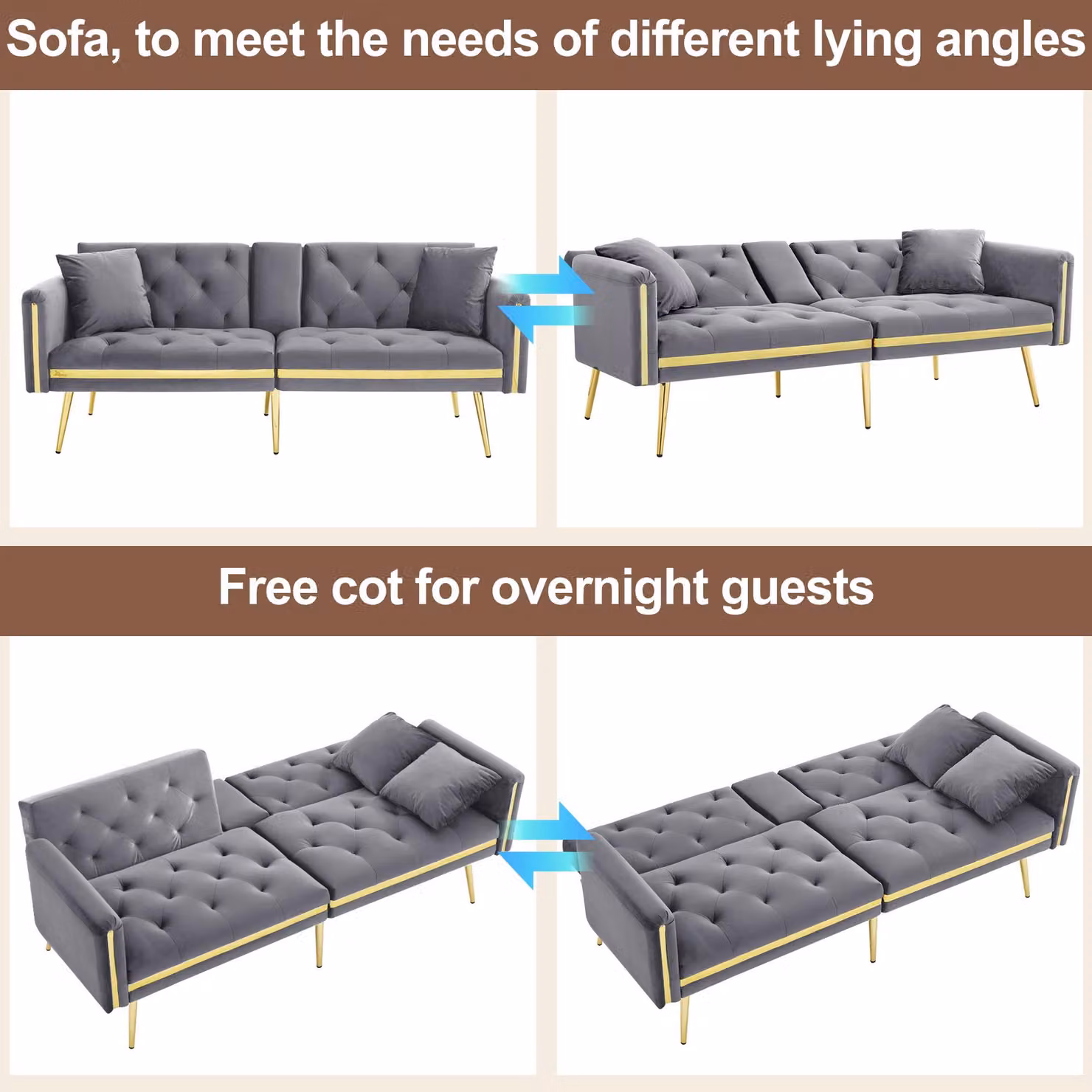 Aosom UK Grey Velvet Two-Seater Convertible Sofa Bed with Adjustable Backrest and Cup Holders, W/D/H: 174 x 76 x 71.5 cm – 4