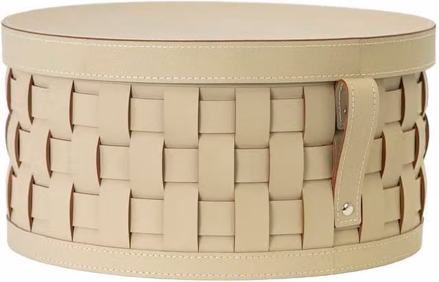 Angel Cerda Sand Regenerated Leather Round Storage Basket with Lid and Handles in Sand, W: 40 cm, D: 19 cm, H: 19 cm – 1