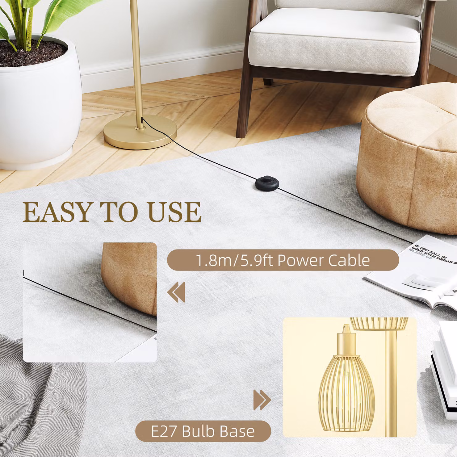 HOMCOM Industrial 3-Light Dimmable Floor Lamp in Gold Tone, Height: 170 cm – 4
