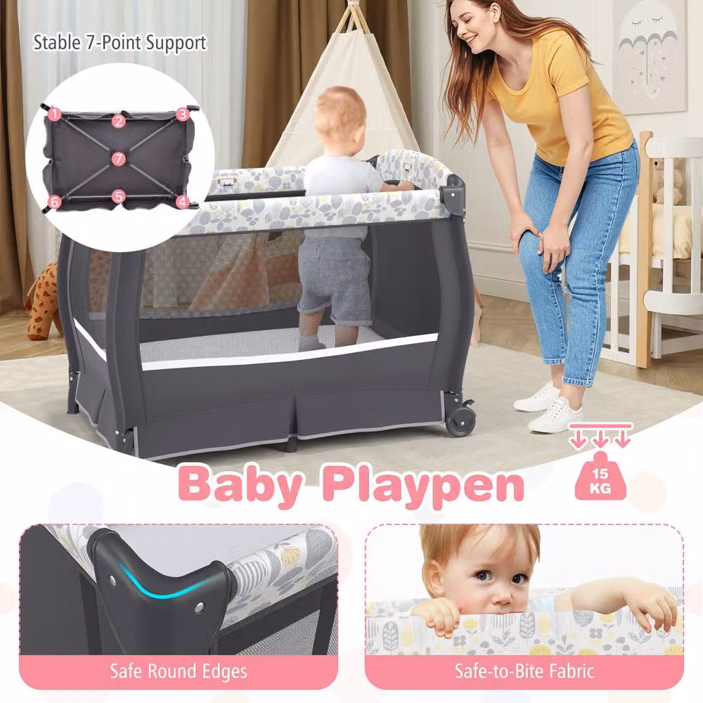 CASART 5 in 1 Portable Pack and Play Baby Nursery Center with Bassinet and Travel Bag in Grey Floral – 7