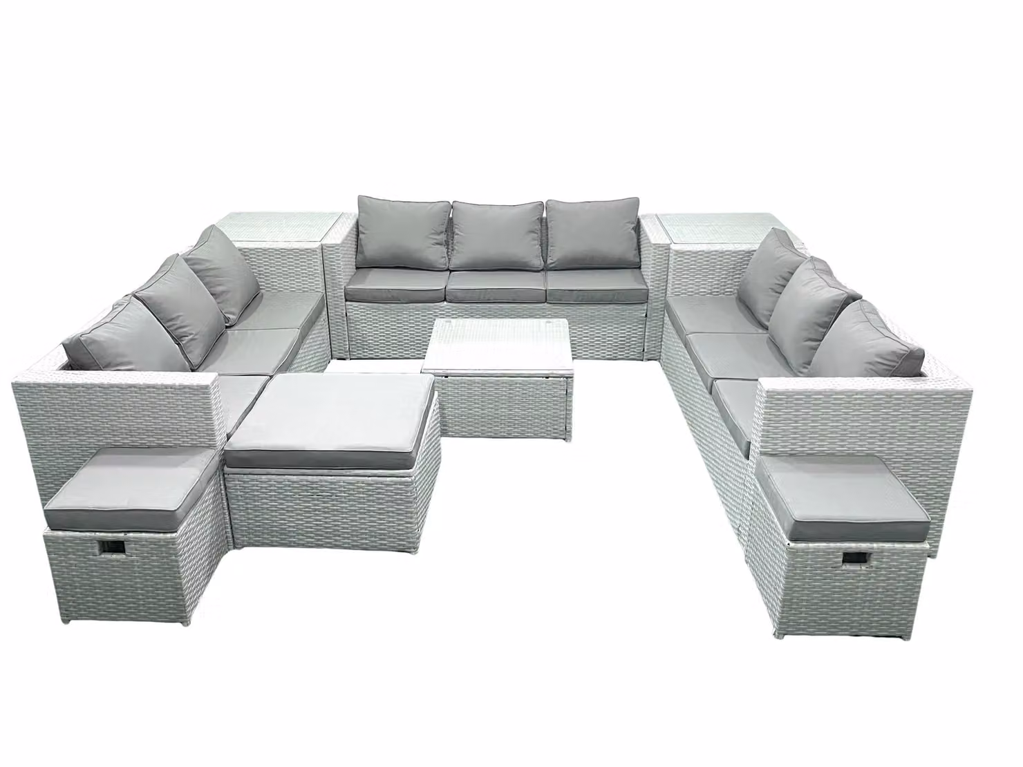 Fimous 12 Seater Rattan Garden Furniture Set in Light Grey with Upholstered Cushions, 3 Ottomans and Coffee Table – 2