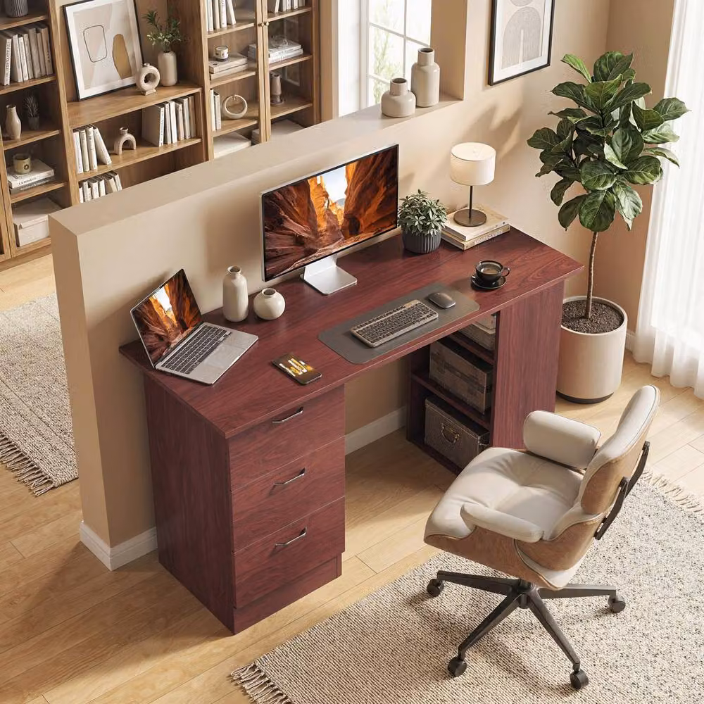 STILVORA Modern Brown Writing Desk with 3 Drawers and 3 Shelves – 2
