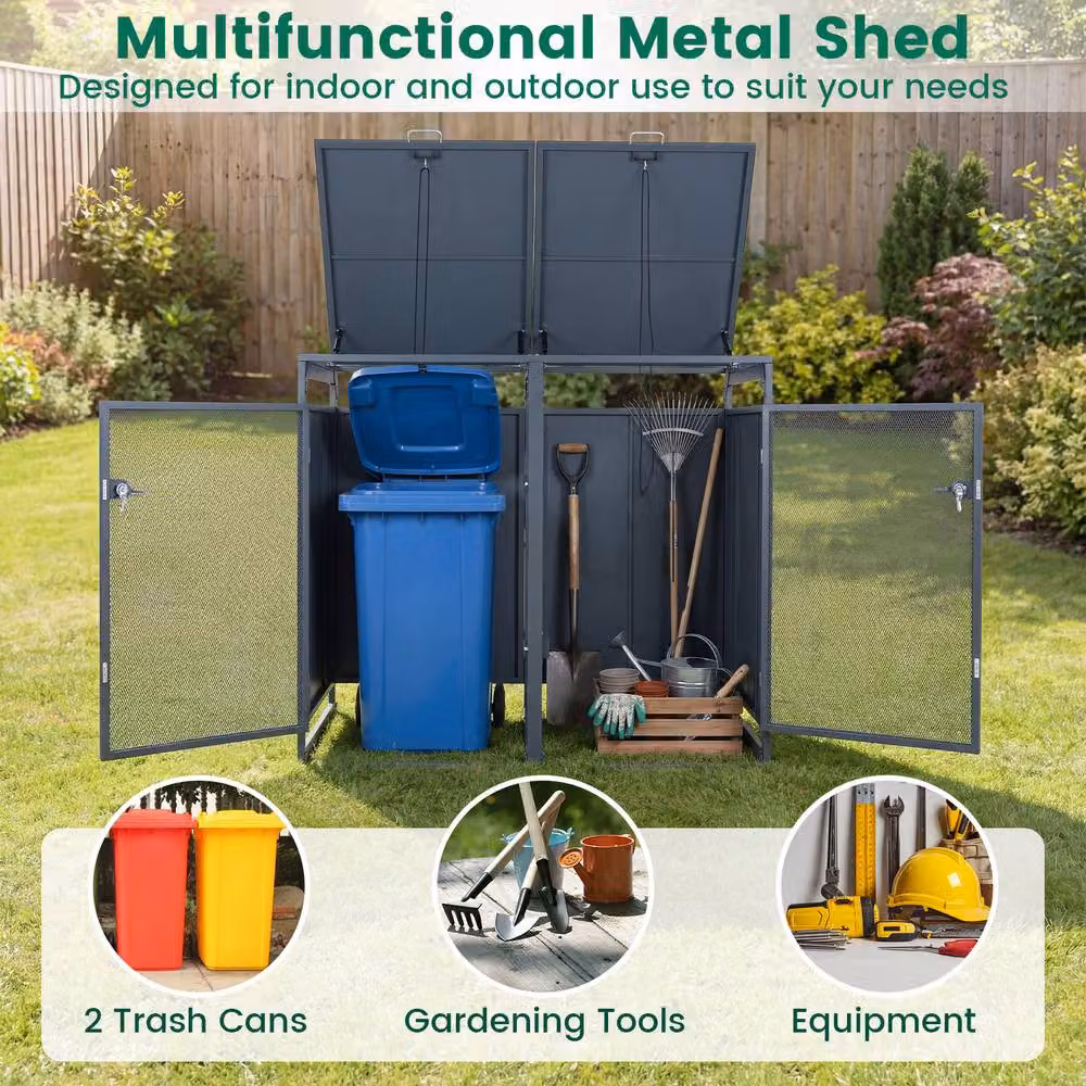 Costway Metal Trash Can Storage Shed for 2 Bins in Grey – 4